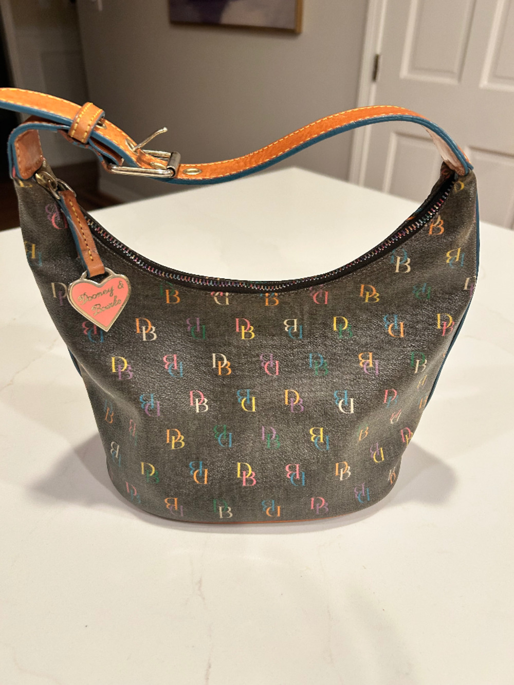 Vintage Dooney & Bourke Rainbow Monogram Brown Leather Pink Heart Zipper Handbag